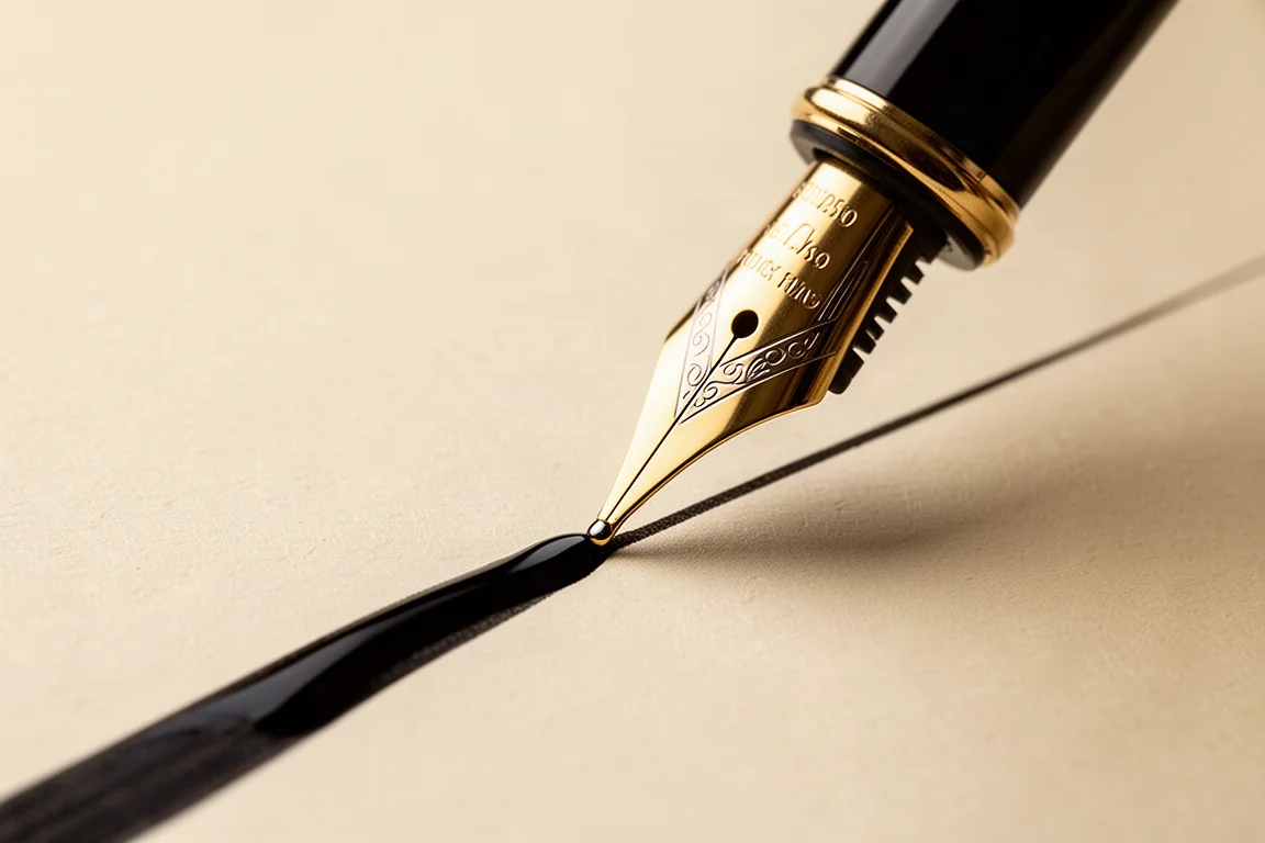 Stylo-plume noir brillant avec plume dorée posé sur du papier à écrire crème