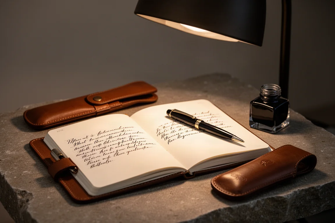 Stylo-plume et flacon d'encre sur un bureau sombre dans une lumière du soir évocatrice