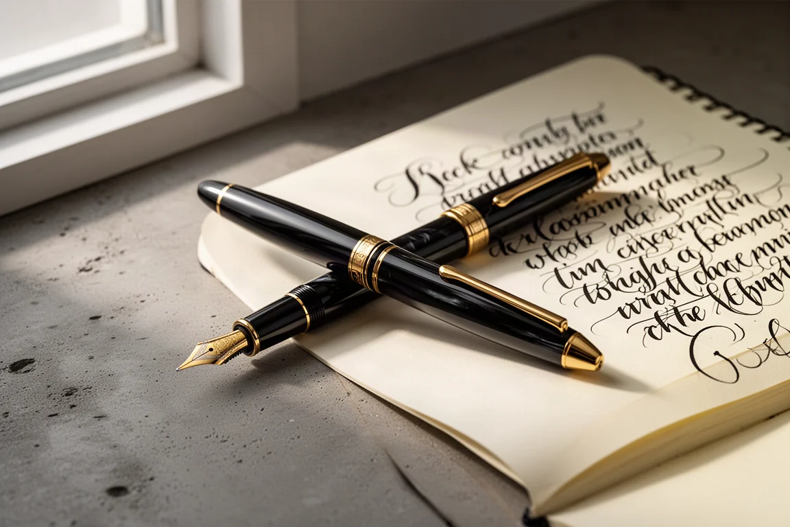 Glossy black fountain pen with gold nib on a wooden desk beside cream paper