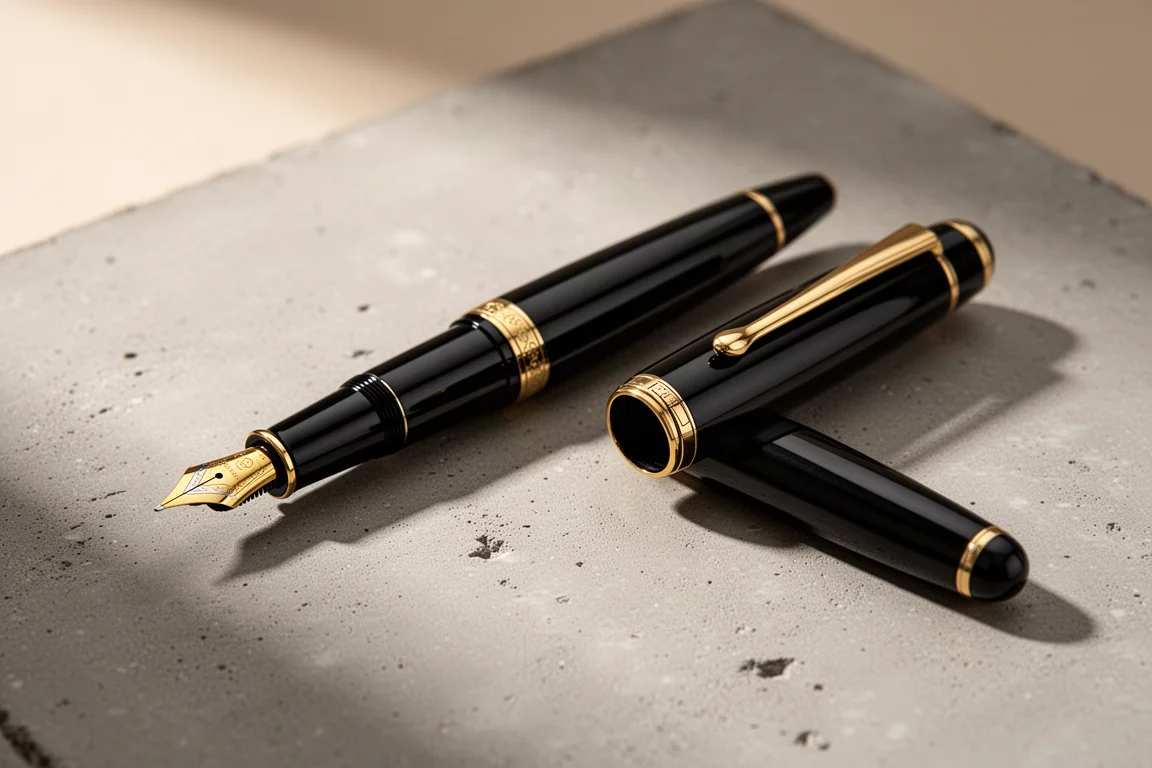 Black resin fountain pen with gold trim and gold nib on a concrete surface