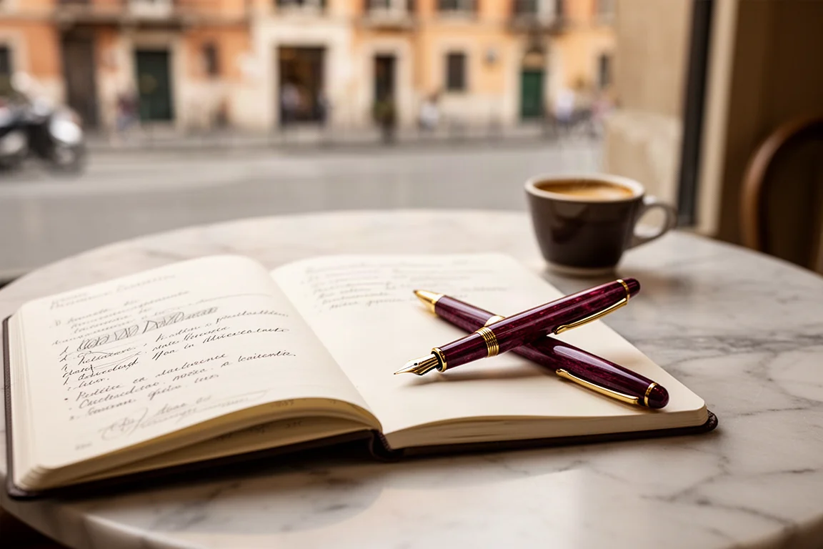 Füllfederhalter und Notizbuch auf einem Marmortisch in einem Café mit Espresso daneben