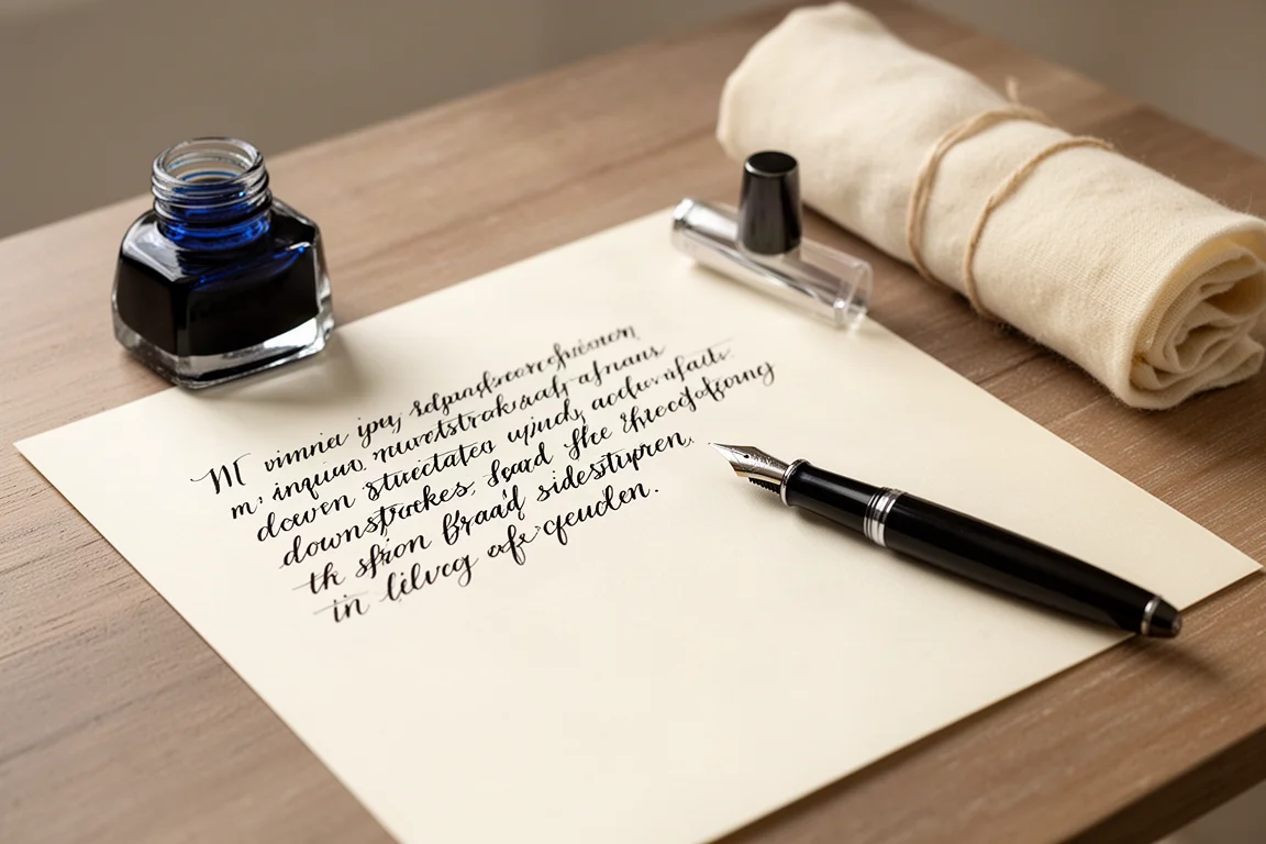 Scrittura a mano su carta crema con variazione di linee larghe e strette