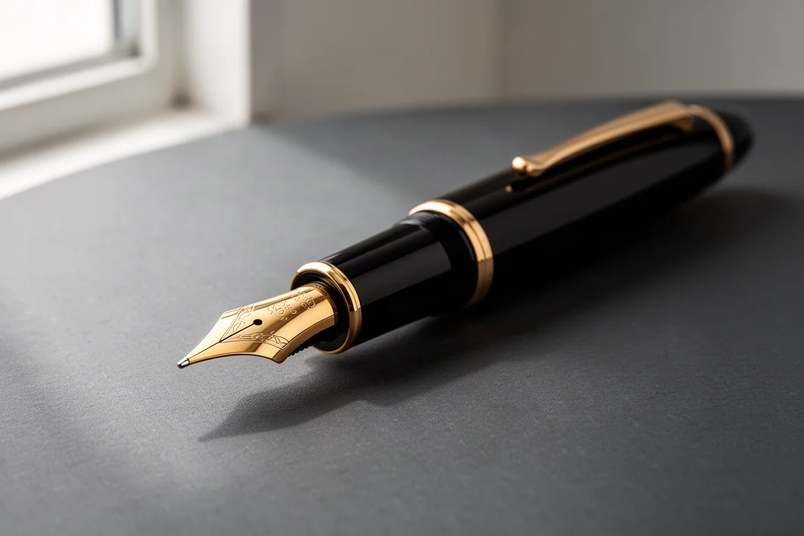 Large black fountain pen with curved gold nib on a dark grey surface