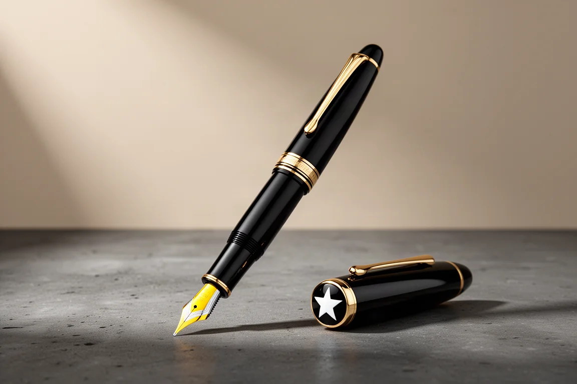 Grand stylo plume noir avec garnitures dorées et plume bicolore sur une surface en béton sombre