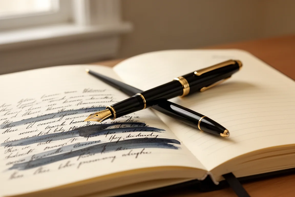 Vulpen rustend op een open notitieboek met verse handgeschreven regels