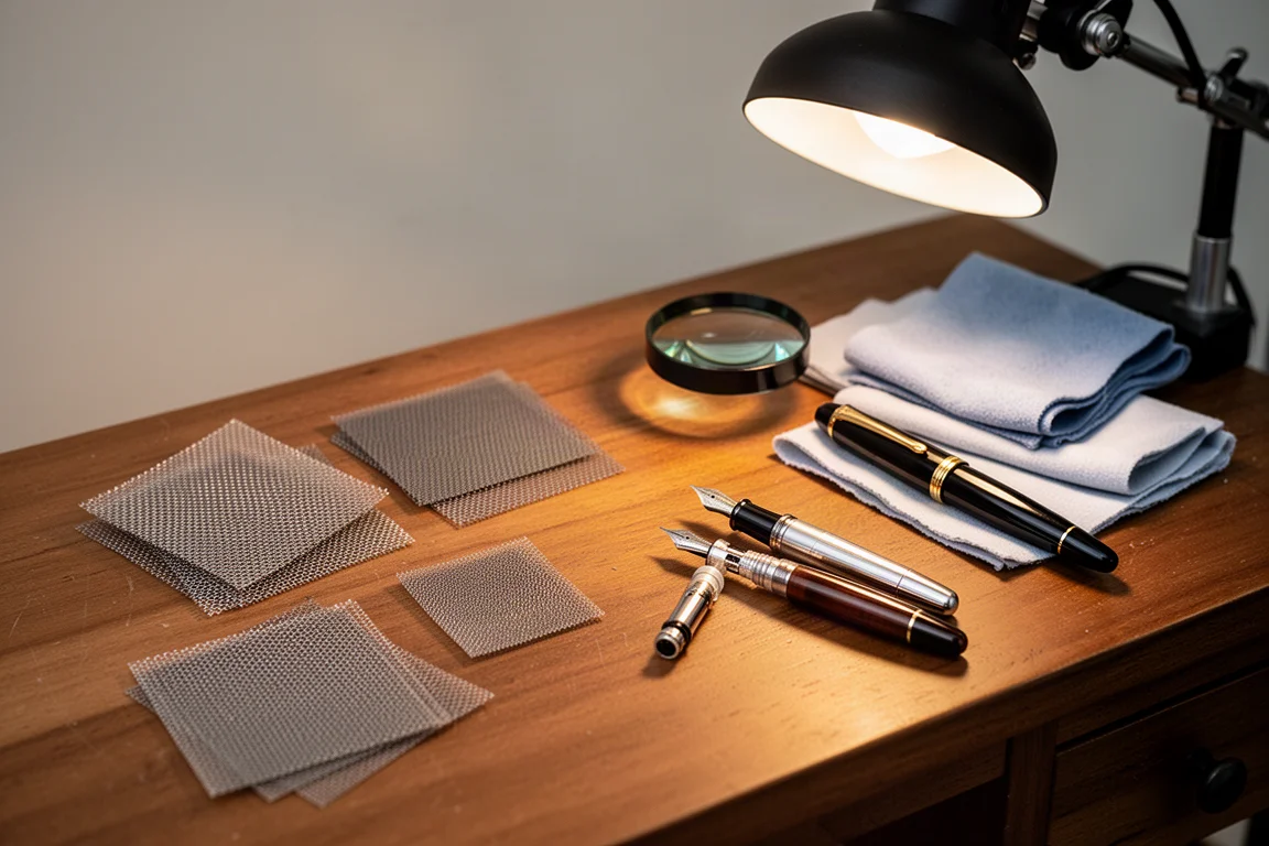 Werkplek voor pennenreparatie met micromesh en gereedschap in warm licht