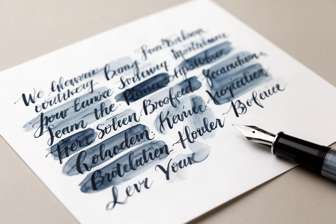 Inktstrookvoorbeeld geschreven met blauwzwarte inkt op wit papier
