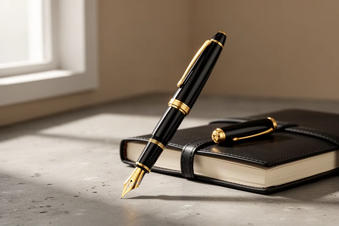 Grand stylo-plume noir et or à côté d'un carnet en cuir ouvert sur du béton