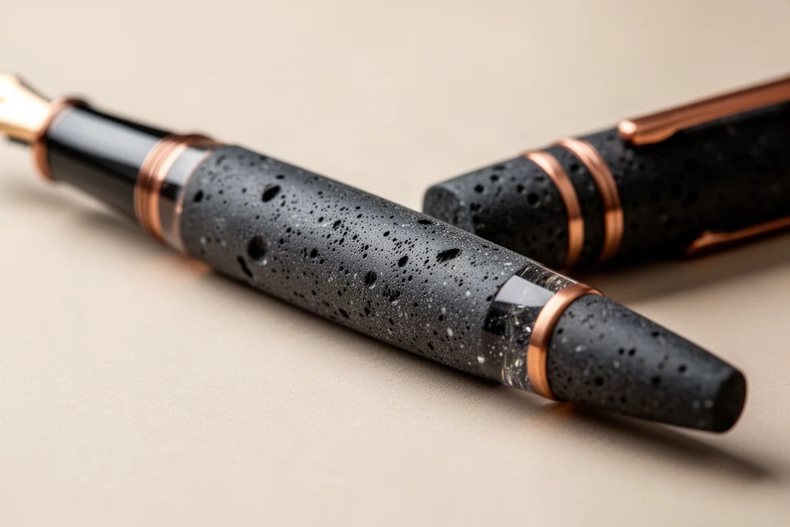 Capuchon de stylo en résine volcanique texturée sombre révélant le grain et les détails de surface