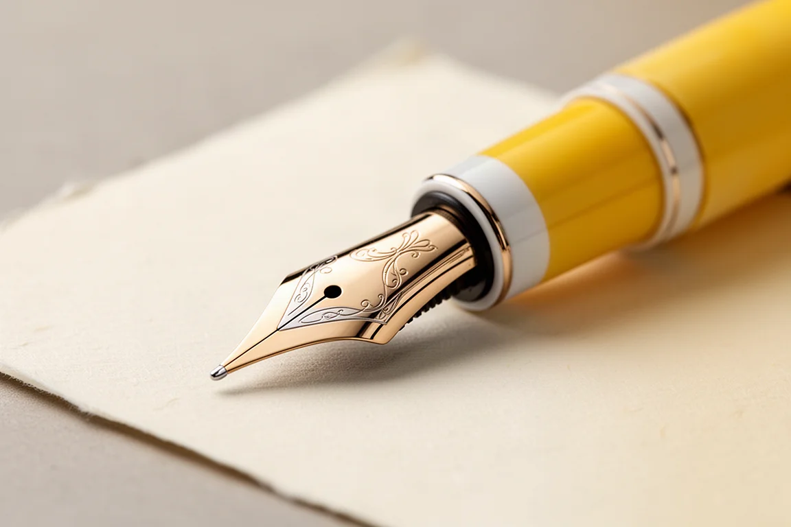 Plume de stylo-plume en or bicolore posée sur du papier à écrire crème