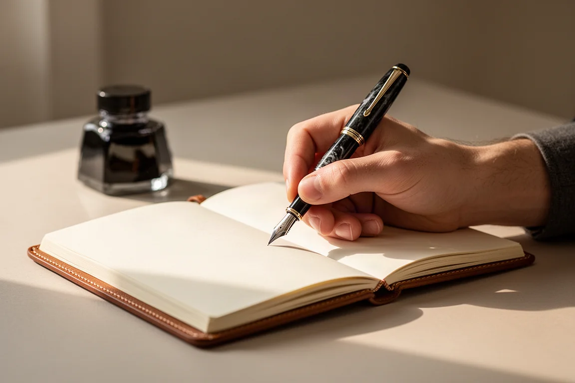 Mains écrivant dans un journal avec un stylo-plume lors d'une longue séance