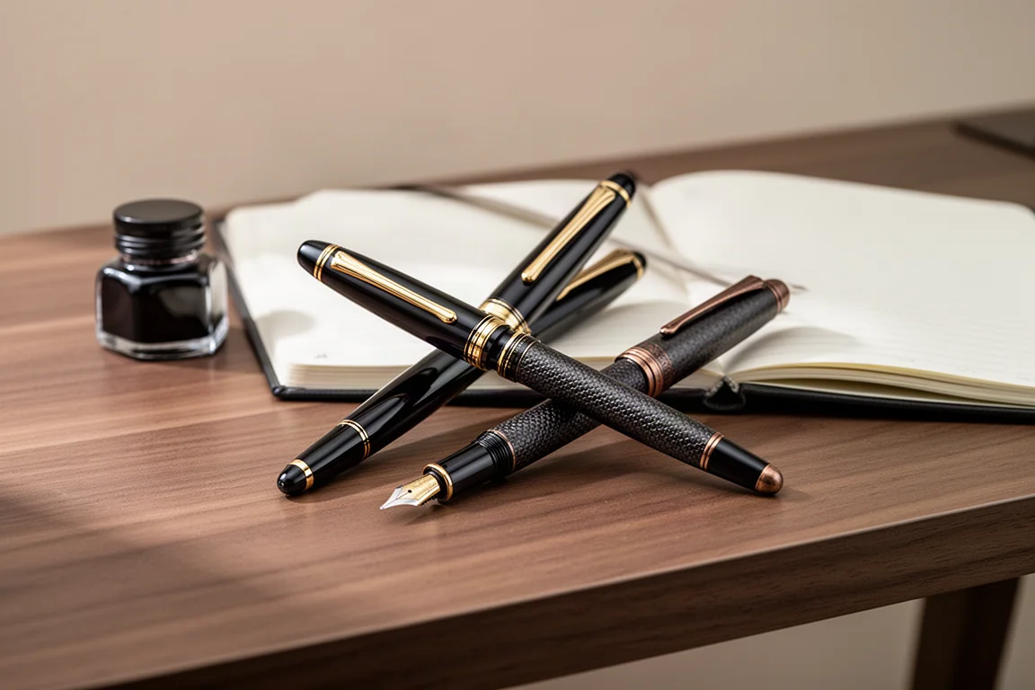 Deux stylos-plume flagship présentés ensemble sur un bureau d'écriture avec un journal