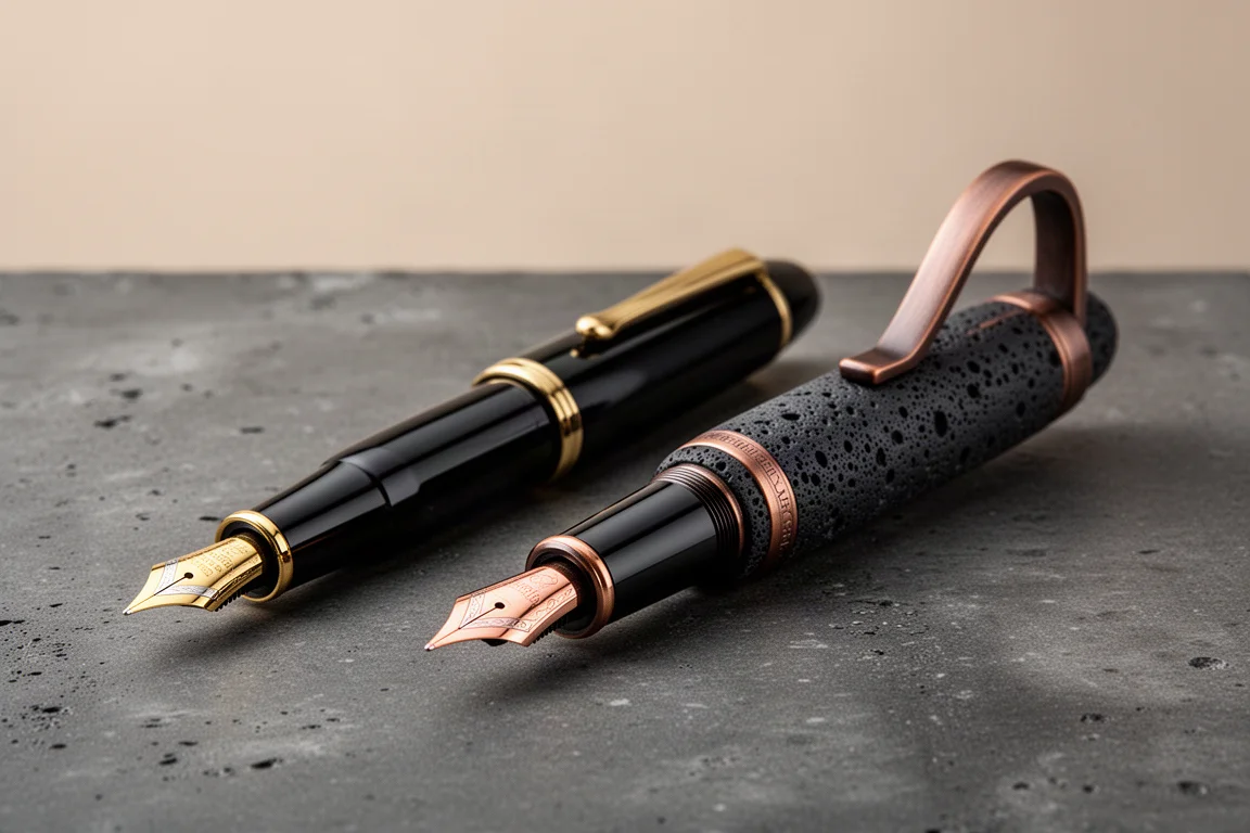Two flagship fountain pens, one black with gold trim and one textured dark resin with bronze accents, on a concrete surface