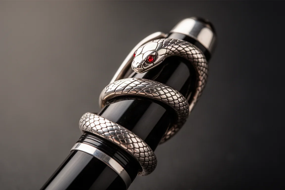 Dettaglio del cap della penna stilografica con clip a serpente avvolgente e occhi con gemme rosse