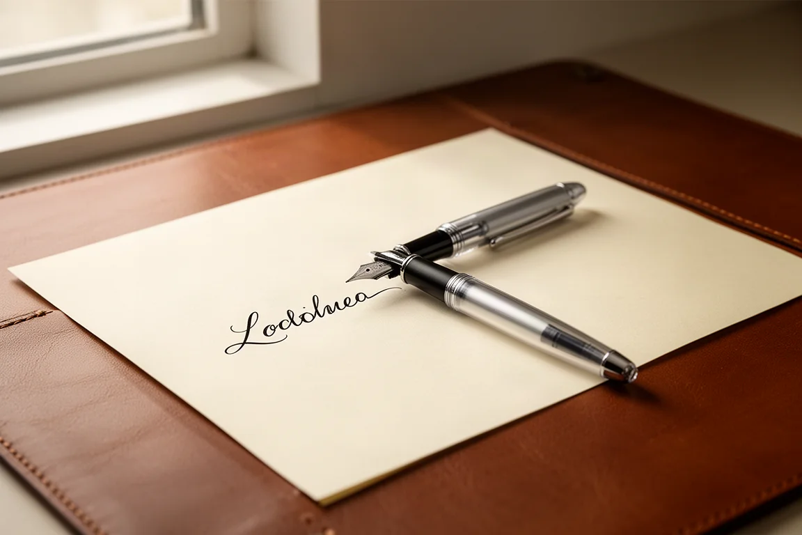 Mani che scrivono con una penna stilografica su carta crema in luce soffusa