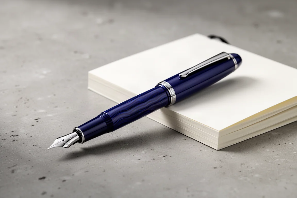 Penna stilografica blu indaco profondo con finiture in rodio su una superficie in cemento accanto a taccuini