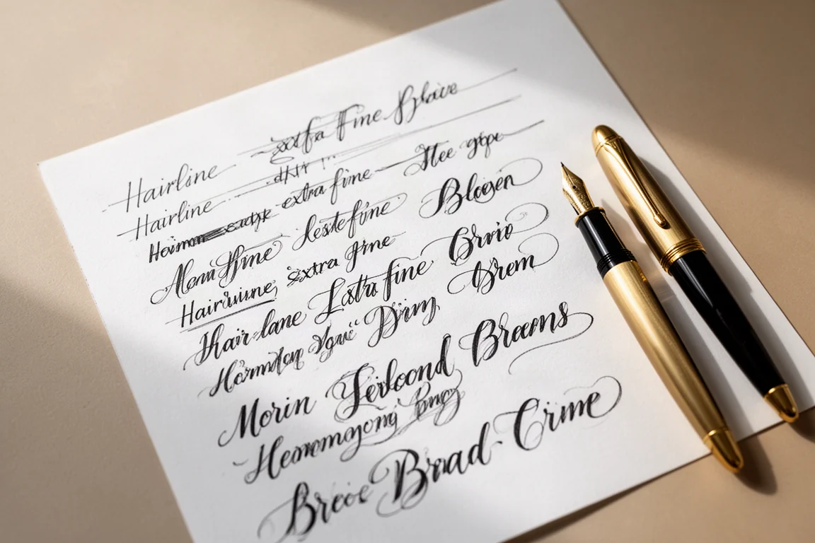 Een handgeschreven vulpen-schrijfvoorbeeld met uiteenlopende lijndiktes op wit papier