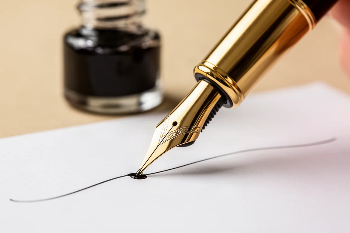 Close-up van een vulpen-nib die tijdens een neerslag meebuigt op papier