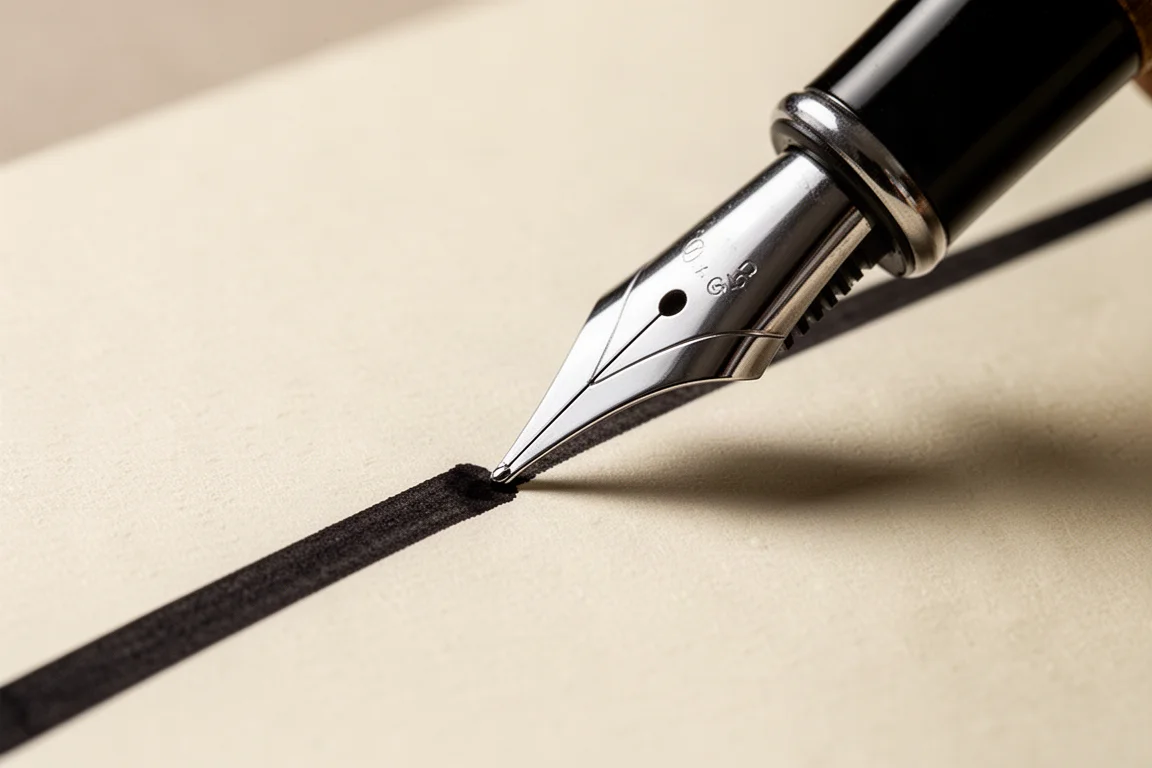 Een brede calligraphy nib laat een brede inktlijn na met een parallelle schaduwligne