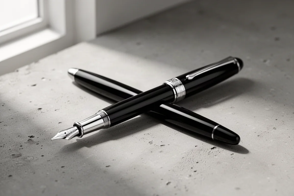 Glossy black fountain pen with platinum trim on a matte concrete surface