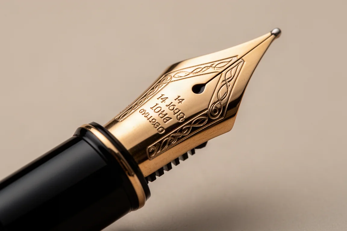 Nib dorado de estilográfica con un grabado intrincado bajo una luz suave