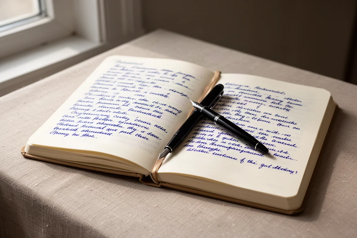Diario abierto con escritura en tinta azul zafiro junto a una estilográfica