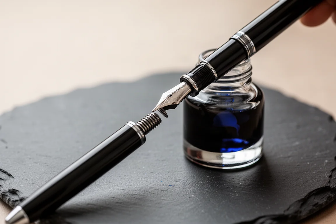 Cuerpo de una pluma de émbolo girándose para absorber tinta durante el llenado
