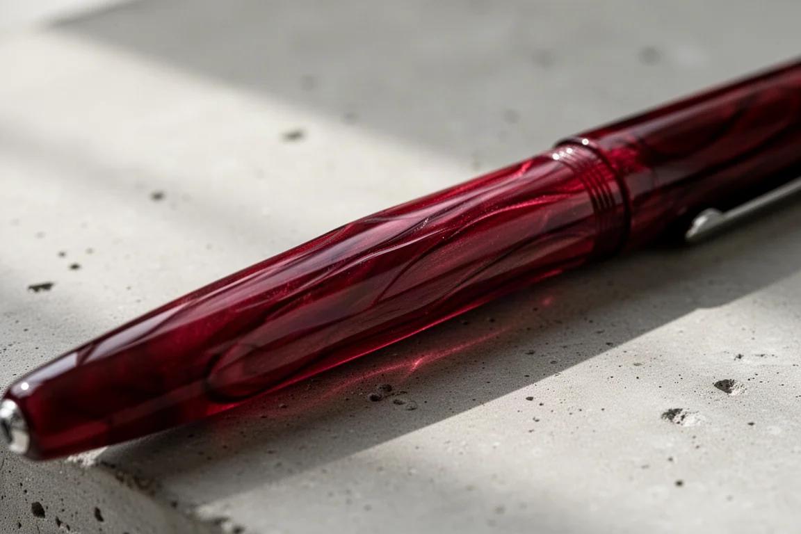 Cuerpo rojo intenso de una estilográfica cruzada en diagonal sobre una superficie de hormigón con luz suave