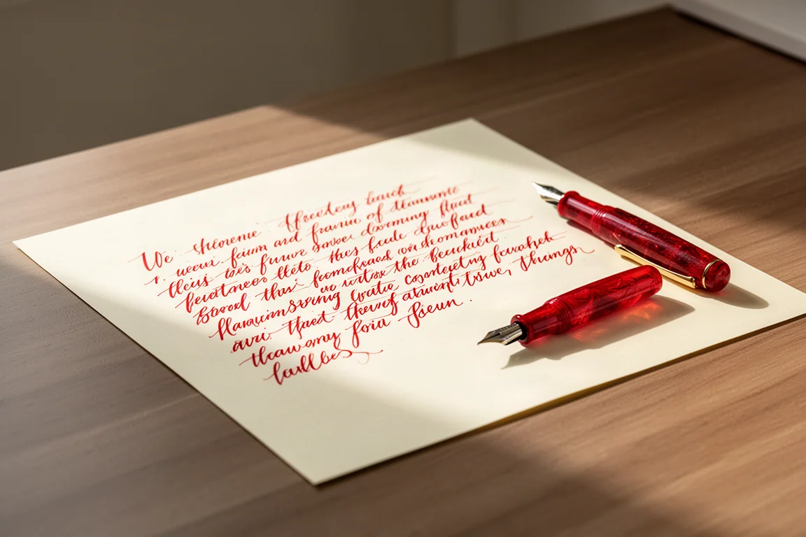 Muestra de caligrafía en tinta roja sobre papel crema junto a la pluma