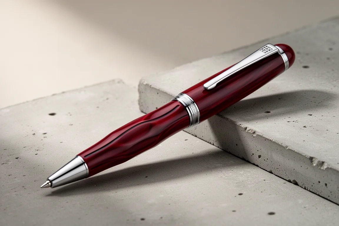 Deep red luxury fountain pen resting diagonally on a matte concrete surface