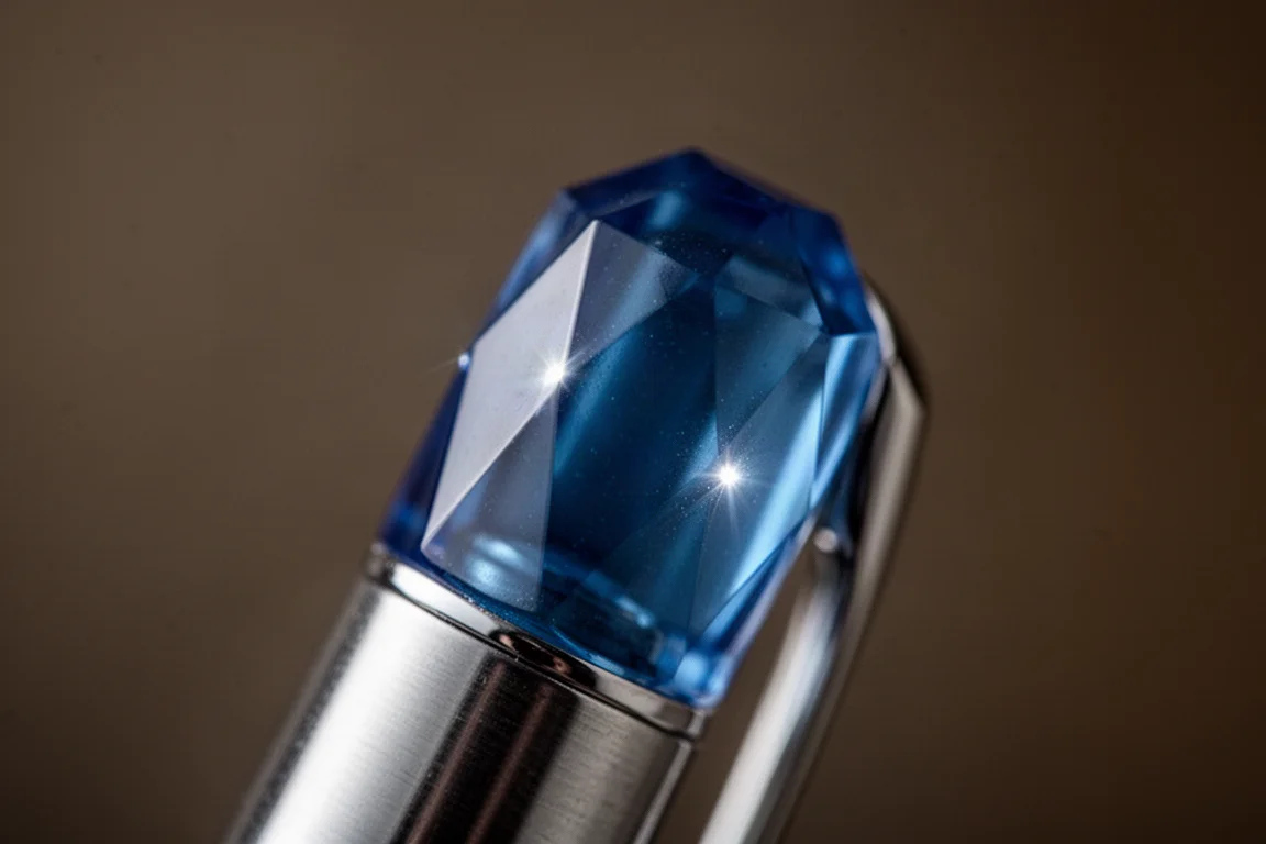 Detailaufnahme eines facettierten Metallschaftdeckels, bedeckt mit transluzid blauem Lack, der das Licht einfängt
