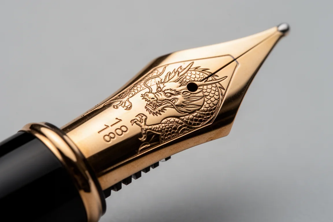 Eine 18 Karat Goldfeder eines Füllfederhalters, graviert mit einem stilisierten Drachenmotiv