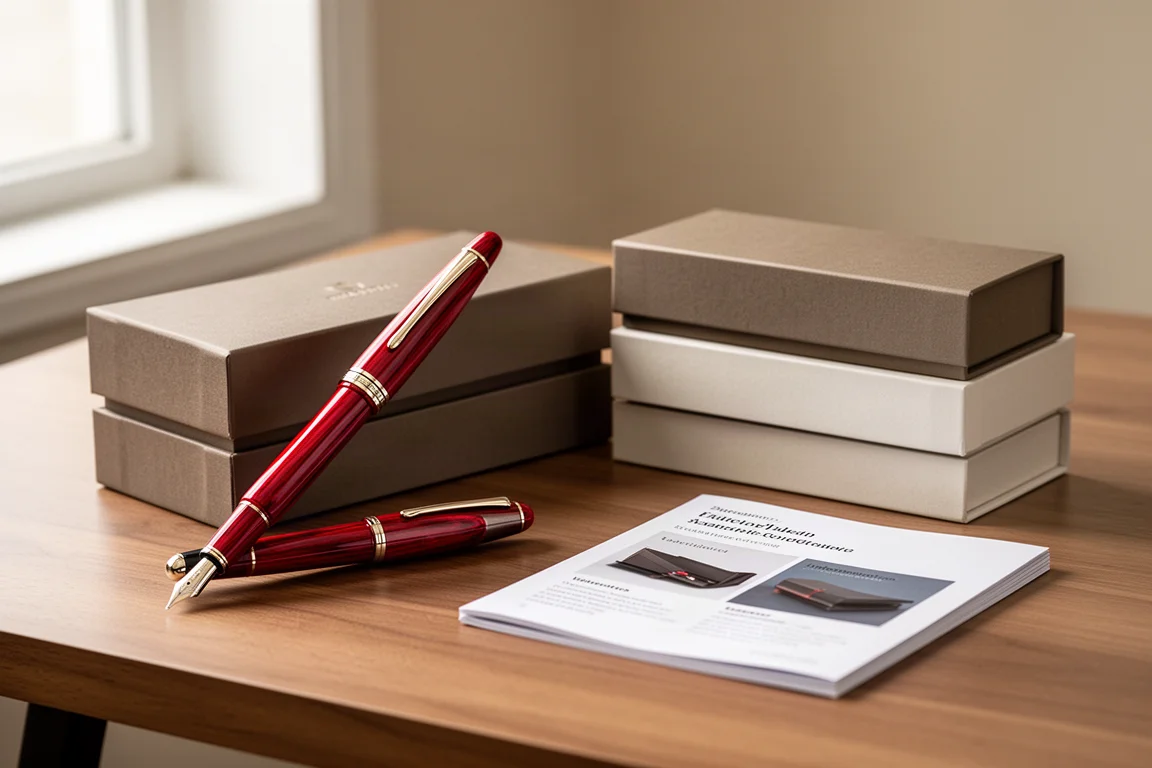 Red fountain pen resting on a wooden desk beside an unboxed presentation box