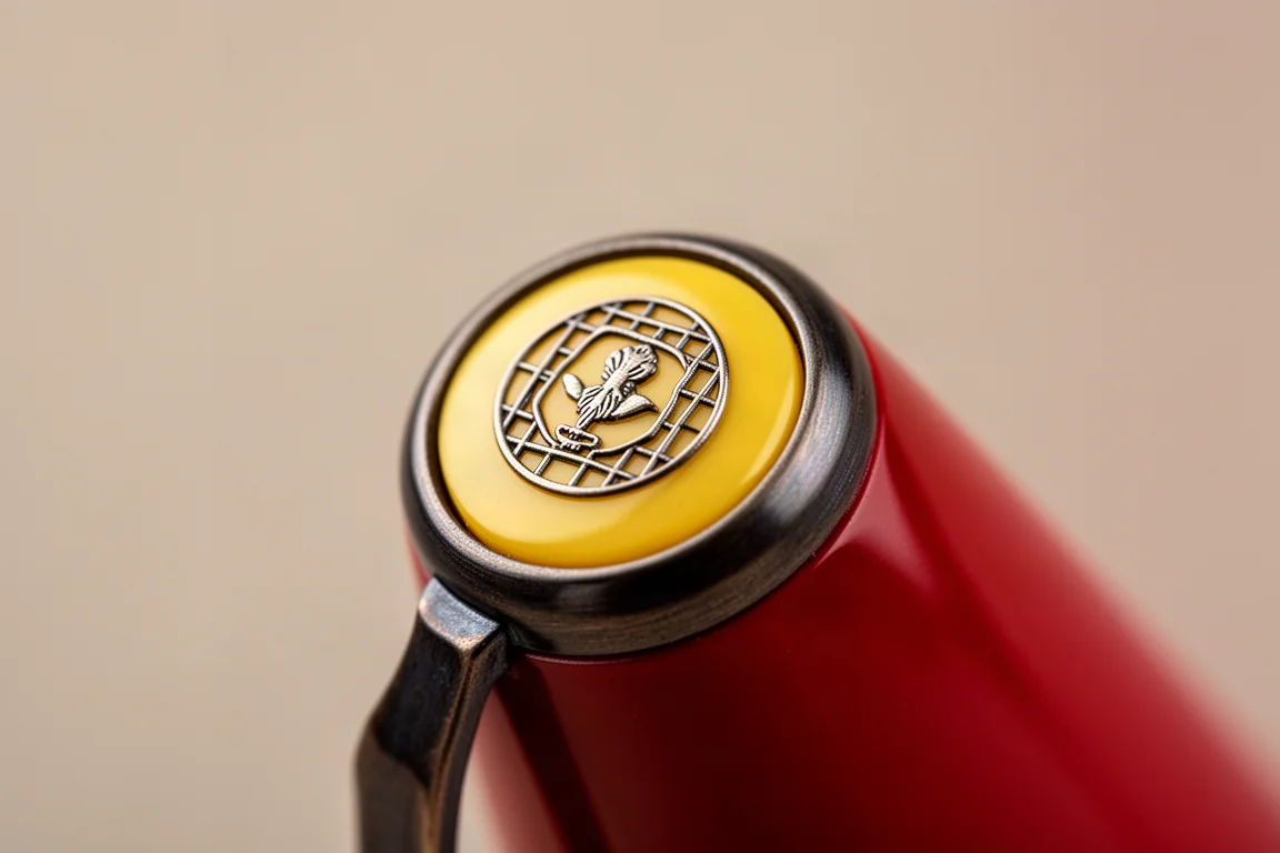 Close-up of a fountain pen cap finial showing a small emblem on a yellow surface