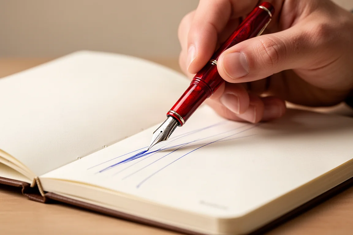 Hand writing with a red fountain pen on notebook paper with blue ink