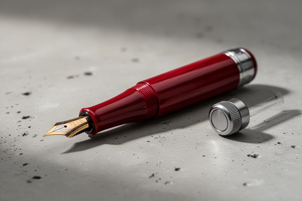 Fountain pen uncapped on a desk showing the tapered section and barrel profile