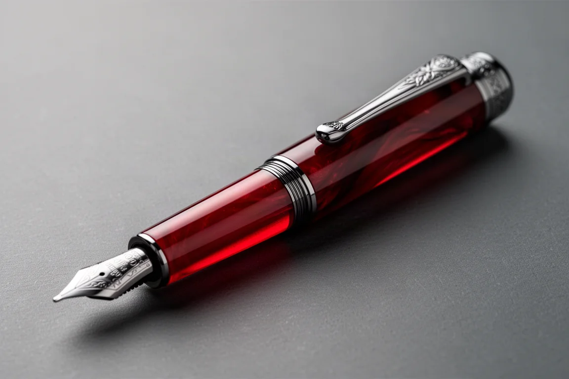Detalle de la pluma estilográfica mostrando el cuerpo de resina roja y la tapa superior grabada