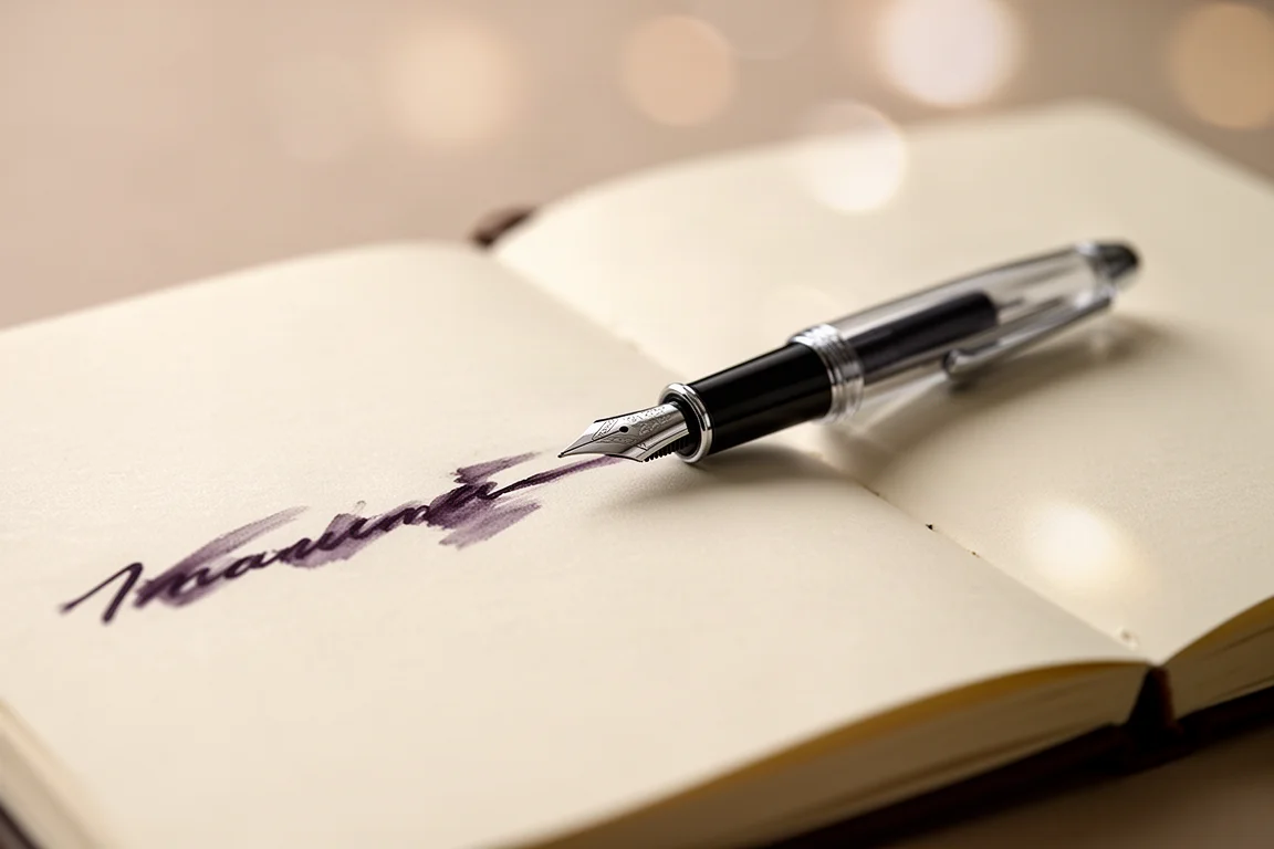 Prueba de escritura a mano sobre papel de cuaderno texturizado con tinta morada de una pluma estilográfica