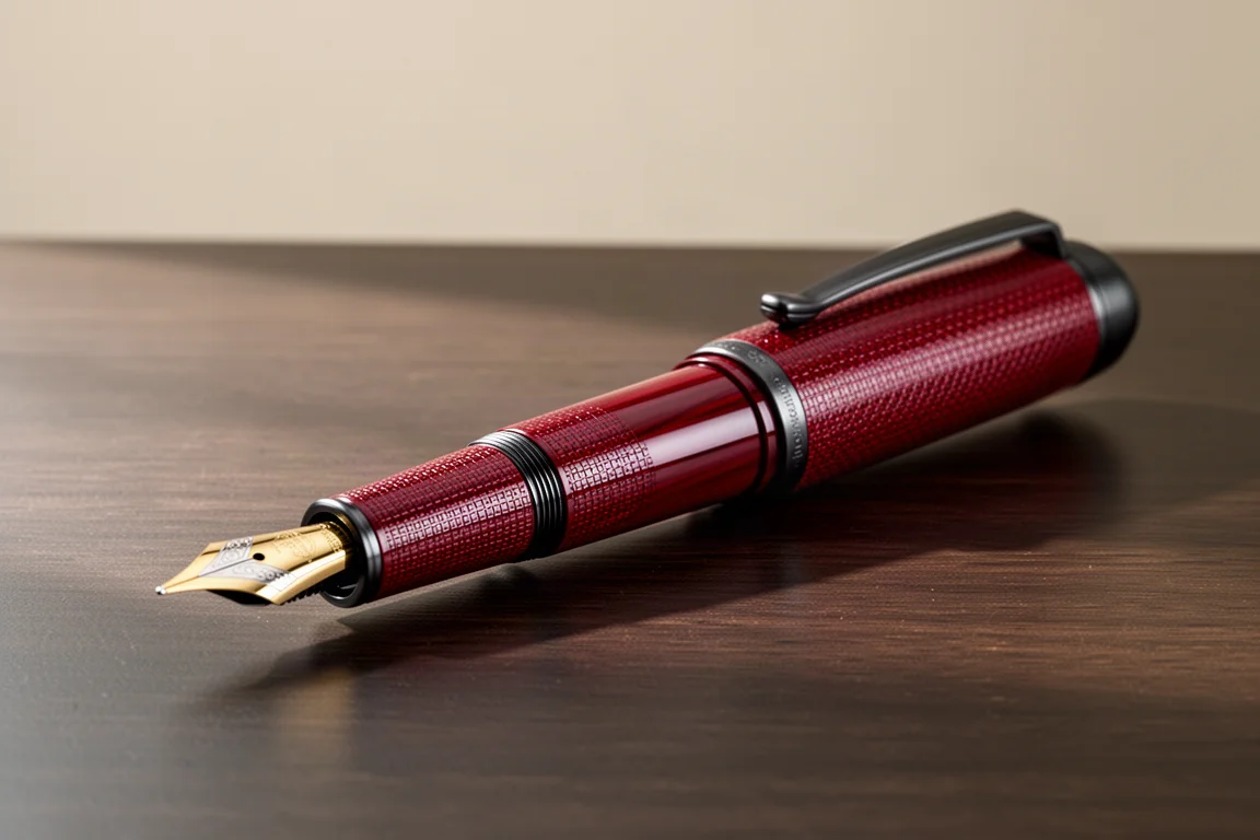 Larger red fountain pen with dark trim and gold nib on a dark wood desk
