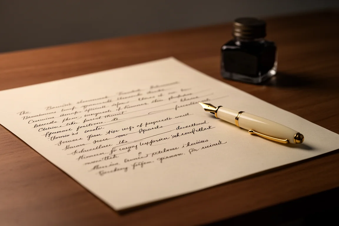 Líneas manuscritas de tinta sobre papel crema con una pequeña pluma estilográfica apoyada al lado