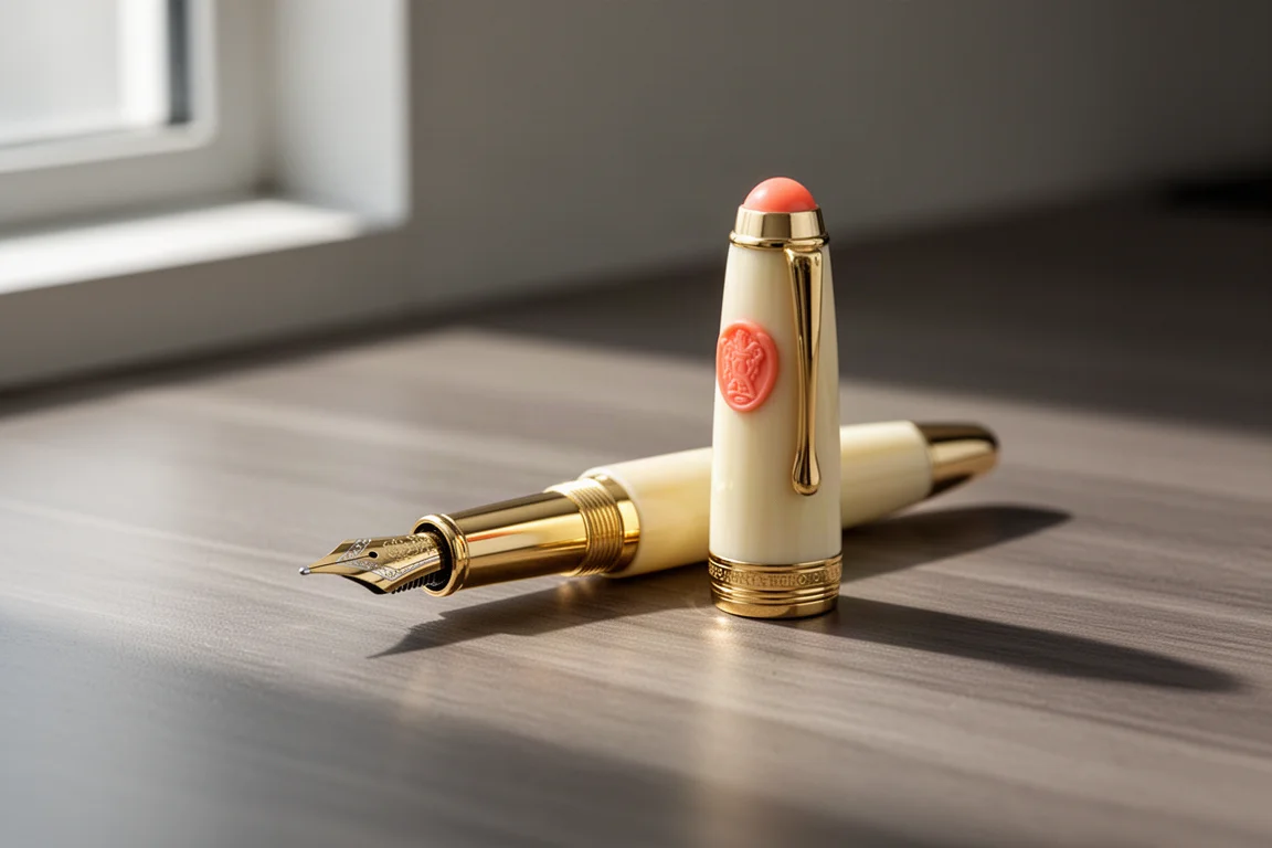 Piccola penna stilografica avorio e oro vista a tre quarti su una scrivania in legno