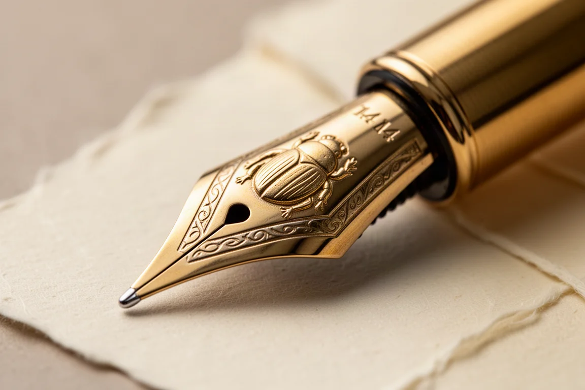 Nib dourado de caneta-tinteiro com motivo de escaravelho em relevo sobre papel branco