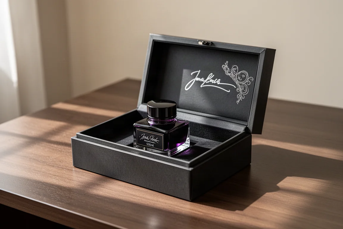 Caja de presentación de la tinta Montblanc Jimi Hendrix abierta junto a la botella