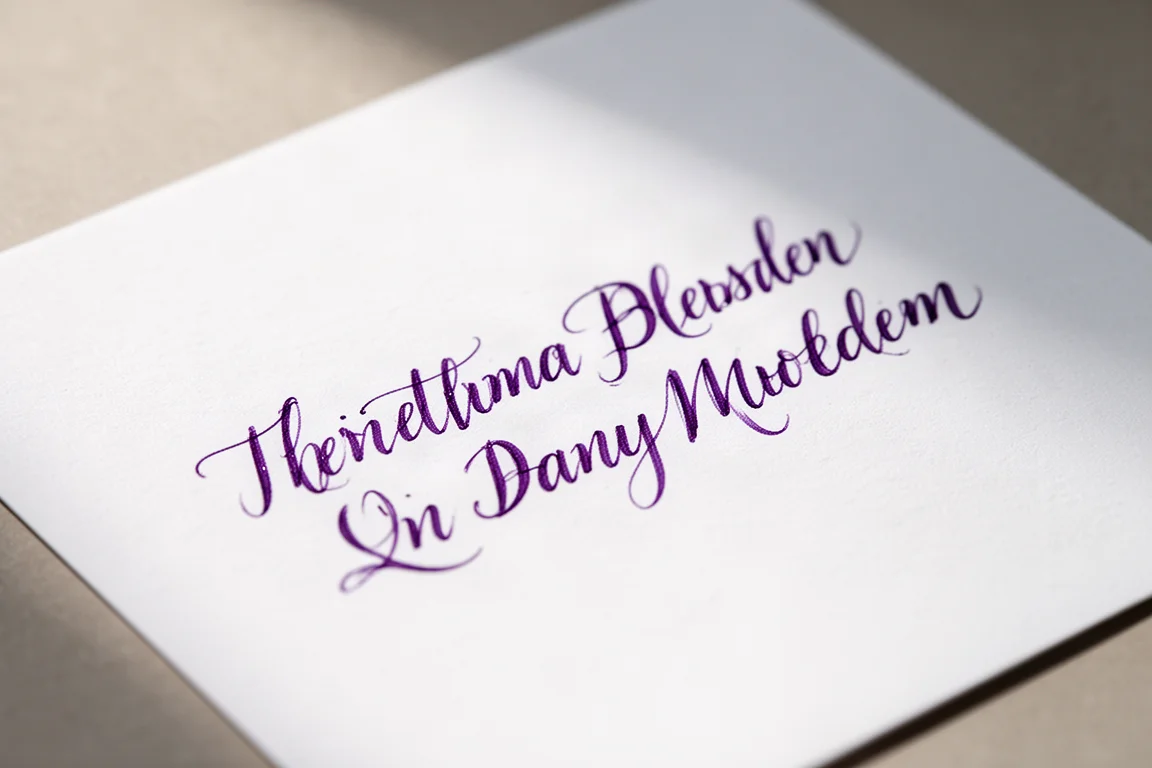Muestra de escritura en tinta morada mostrando la variación del nib flexible en papel blanco