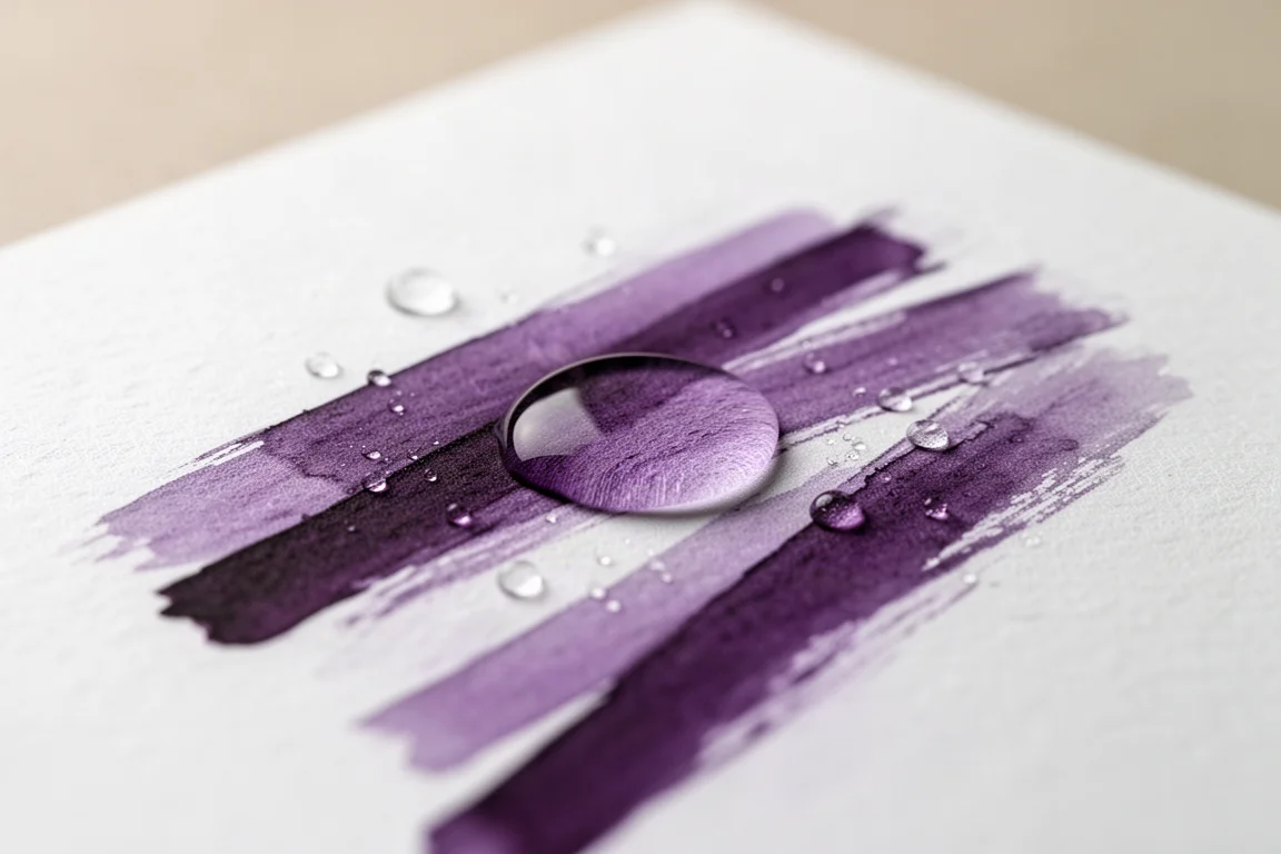 Prueba de gota de agua mostrando que la tinta morada se levanta ligeramente del papel