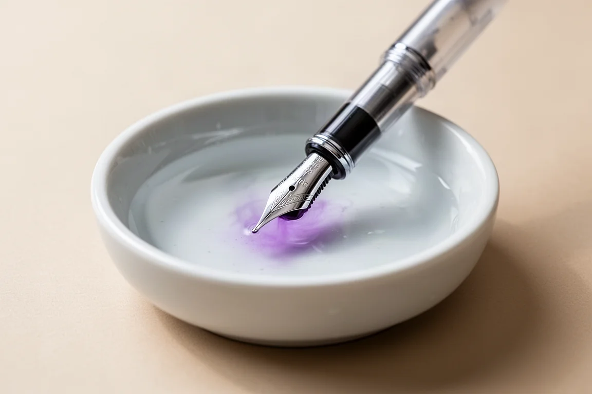Pluma estilográfica siendo limpiada bajo agua corriente con un leve tinte morado
