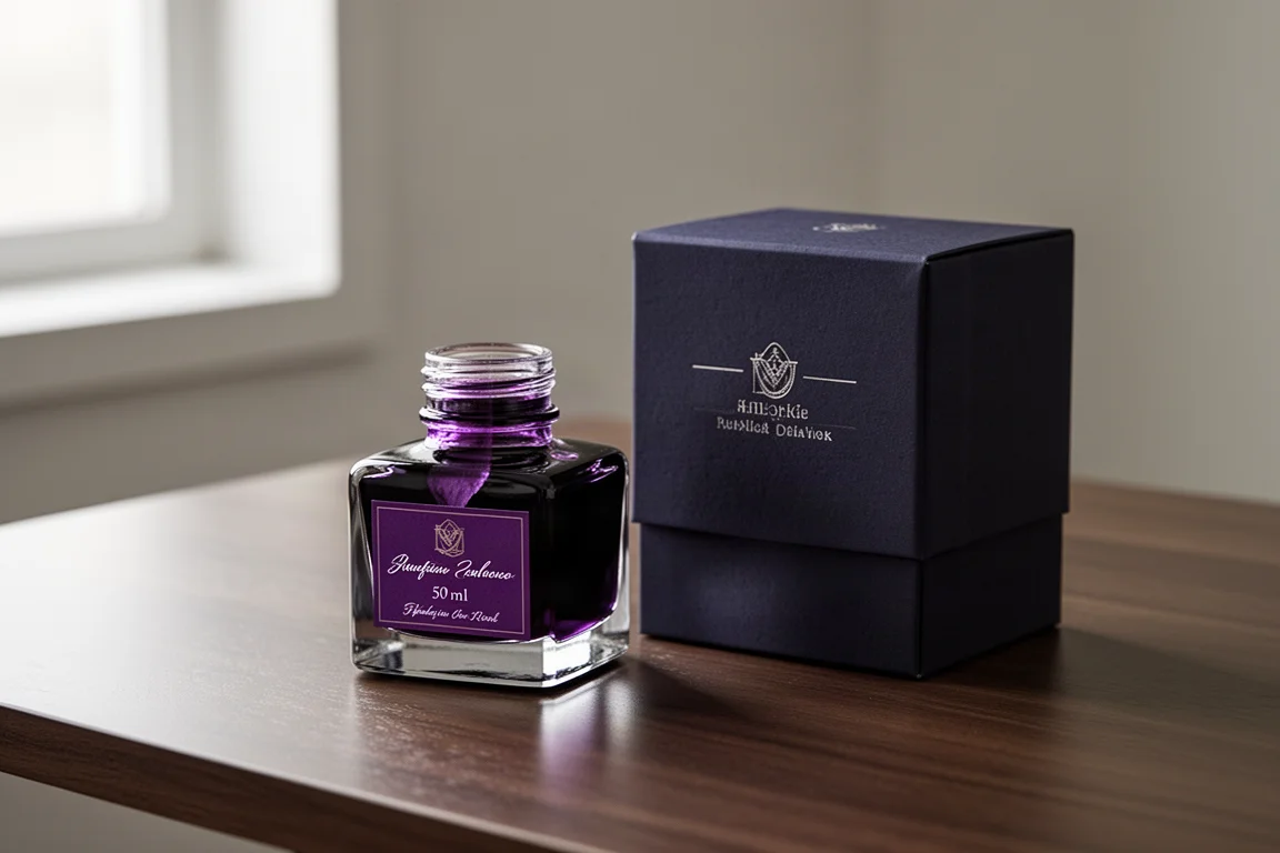 Montblanc Jimi Hendrix purple ink bottle and presentation box on a wooden desk