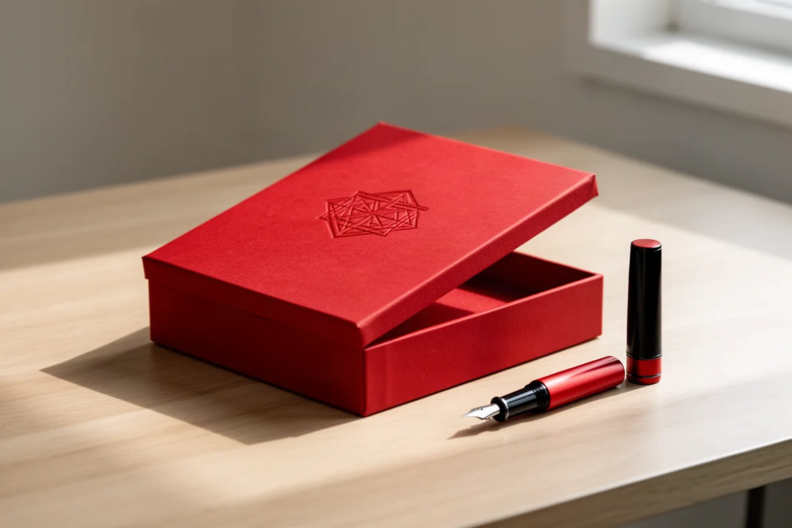 Debossed Montblanc M Red presentation box with the cap resting beside it