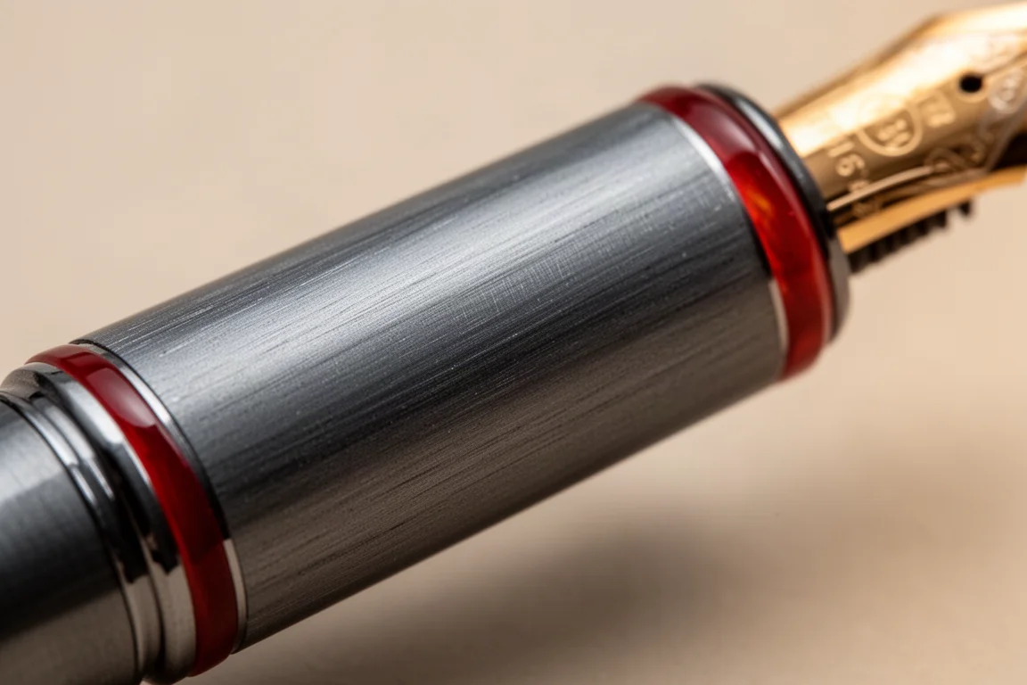 Fountain pen section detail showing red resin ring and textured grip area