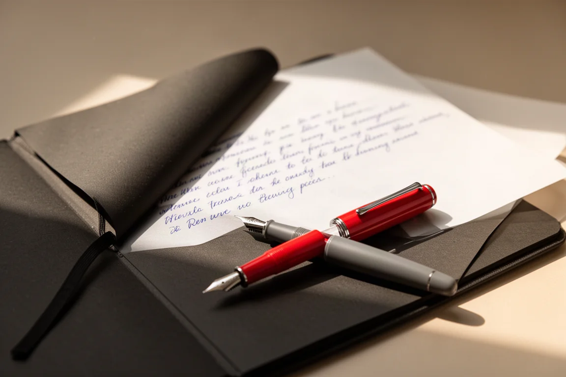 Open notebook with neat medium-nib fountain pen writing in blue ink